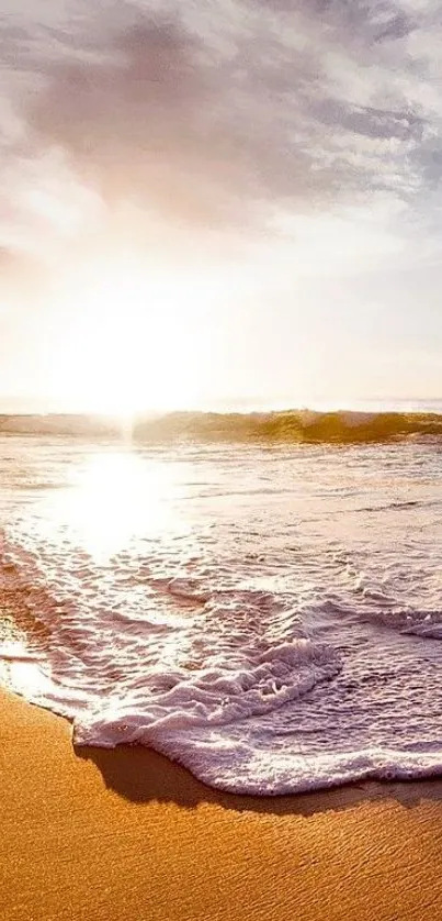 A serene sunset over a tranquil beach with golden sand and gentle ocean waves.