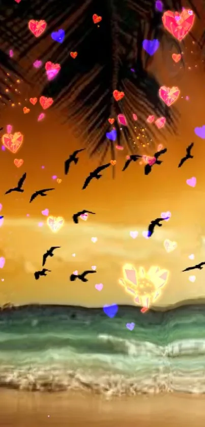 Sunset beach wallpaper with palm trees and birds over an orange ocean view.