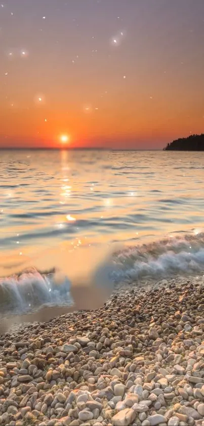 Sunset beach wallpaper with peaceful waves and a glowing horizon.