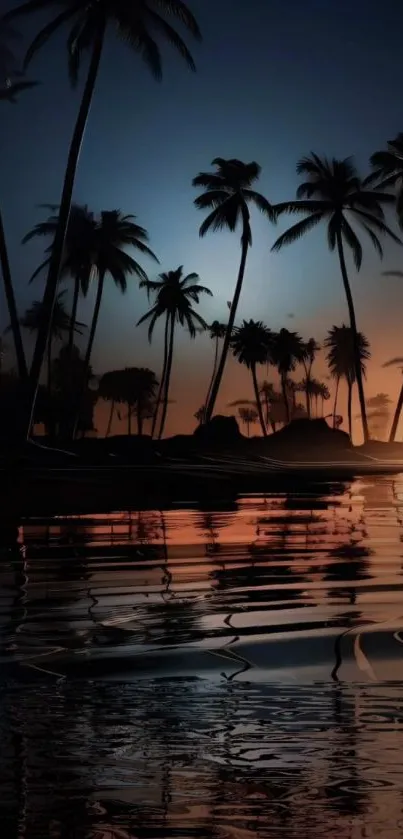 Beautiful sunset with palm tree silhouettes over a reflective beach.