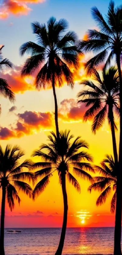 Beautiful sunset beach with silhouetted palm trees and vivid orange sky.