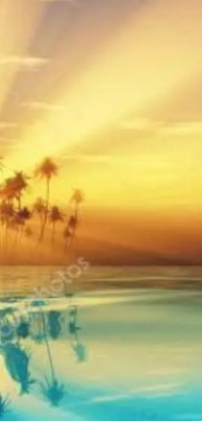 Beautiful tropical sunset with palms reflecting on serene ocean waters.