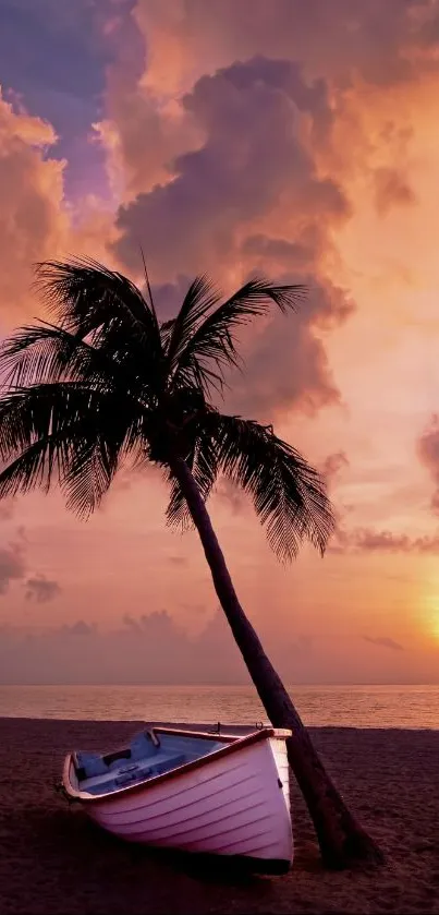 Palm tree and boat at sunset beach with pink sky.