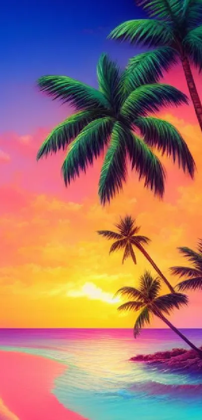 Vibrant sunset beach with palm trees and ocean waves wallpaper.