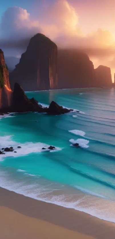 Tropical beach at sunset with ocean waves and cliffs.