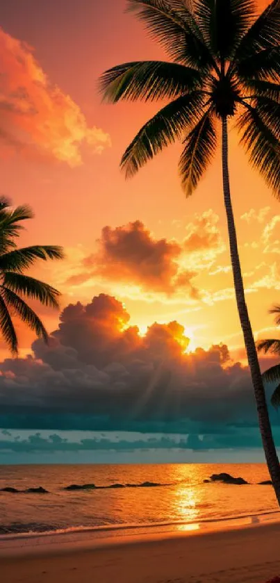 Tropical sunset beach with palm trees and vibrant sky, perfect for mobile wallpaper.