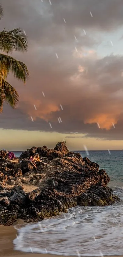 Tropical sunset beach with palm trees, ocean, and golden sand.