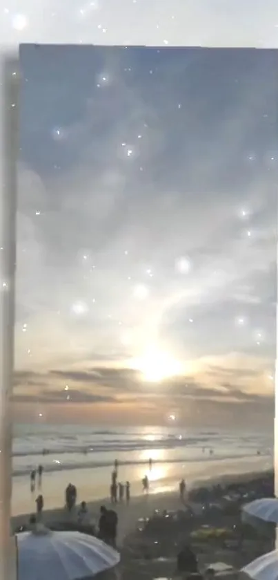 Beautiful sunset over the ocean with a beach view and twinkling stars in the sky.