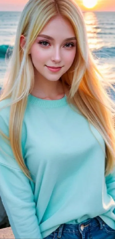Young woman in teal sweater at sunset beach.