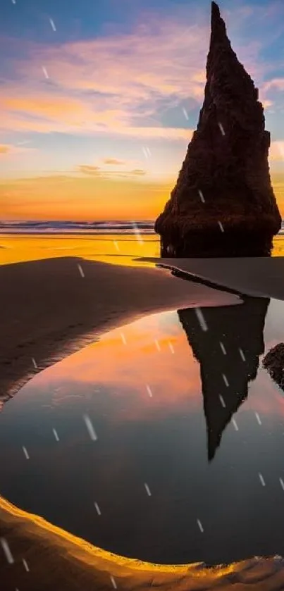 Scenic beach rock reflection during sunset, with vibrant sky colors.