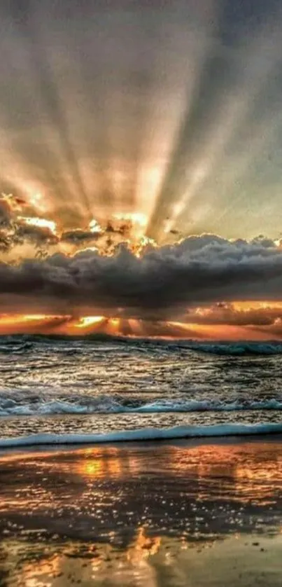 Sunset over beach with reflecting ocean and sky.