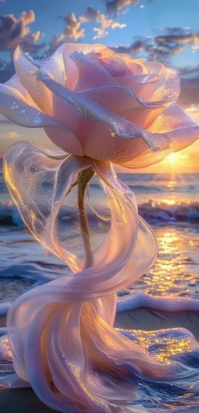 Lavender rose glowing on a beach at sunset with waves.