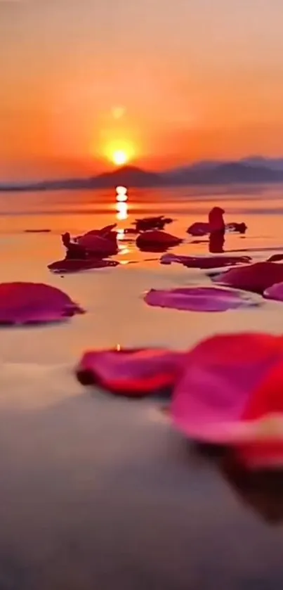 Sunset over beach with rose petals in foreground, creating a serene, romantic scene.