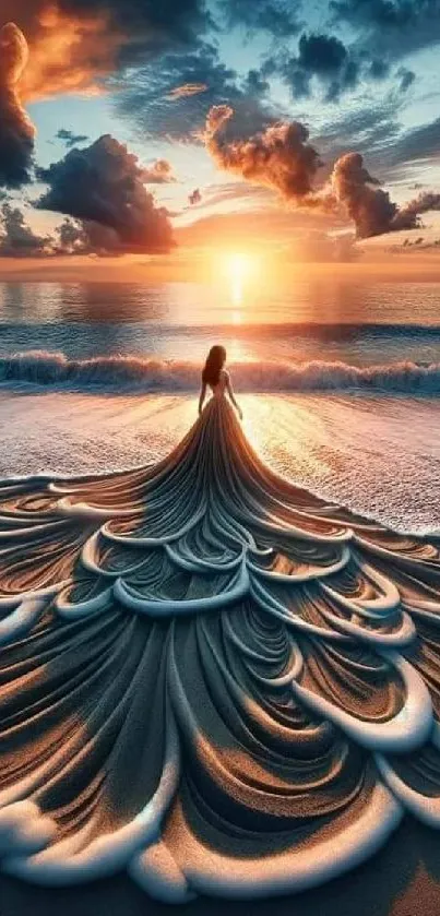 Elegant sunset beach scene with intricate sand art dress and vibrant sky.