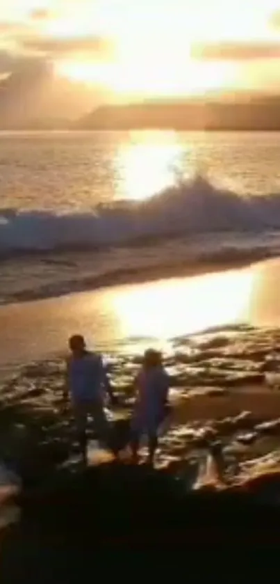 Couple enjoying a serene sunset on a picturesque beach, waves crashing gently.