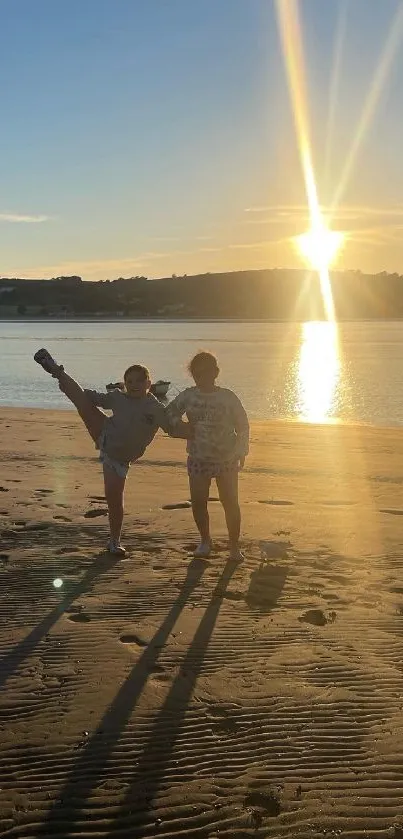 A serene sunset over a tranquil beach, casting golden reflections.