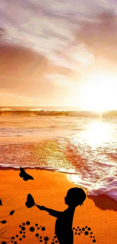 Silhouette art of person on beach at sunset with warm orange tones and gentle waves.