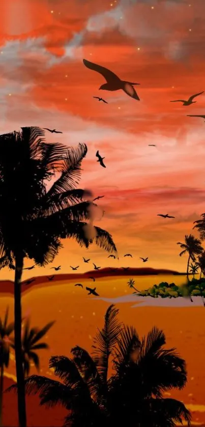 Mobile wallpaper with sunset beach silhouette, palm trees, and flying birds.