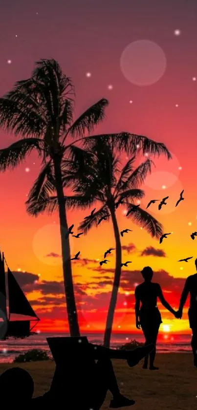 Romantic sunset beach wallpaper with palm trees and silhouettes.