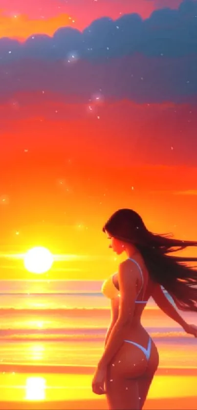 Serene beach sunset wallpaper with silhouette and vivid orange hues.