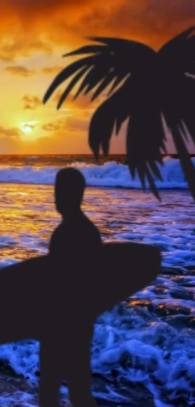 Surfer silhouetted against a vibrant beach sunset with palm tree.