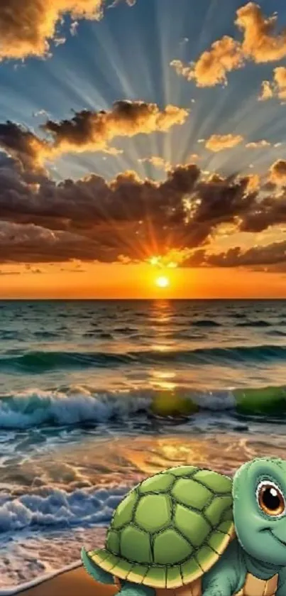 Beach sunset with cartoon turtle and ocean waves