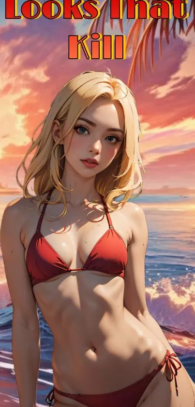 Anime beach scene with vibrant sunset.