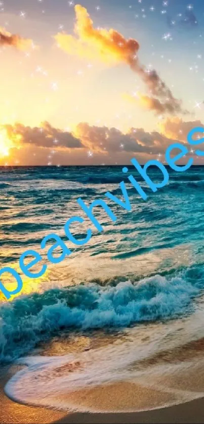 Sunset beach with ocean waves and text 'beach vibes' overlay.