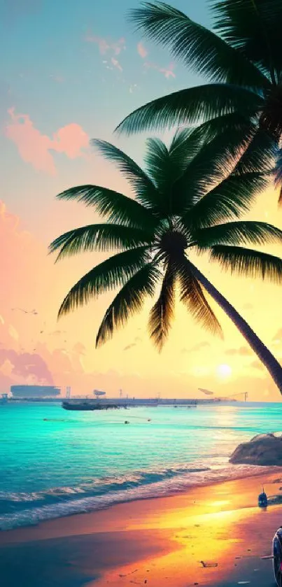 Tropical sunset beach with palm trees and vibrant ocean view.