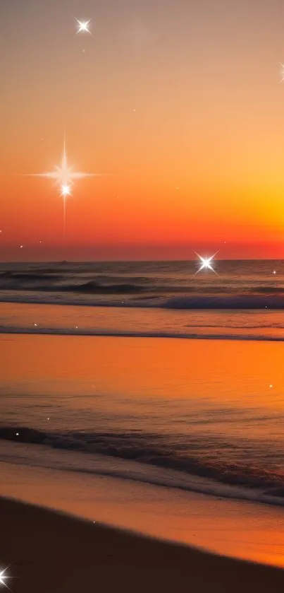 Stunning sunset over calm ocean waves on a serene beach landscape.