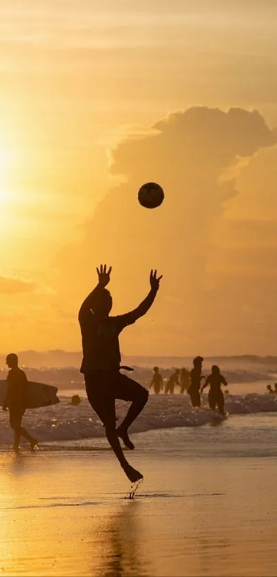 Silhouetted beach volleyball at sunset.