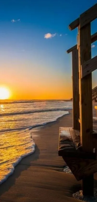 Serene sunset over beach walkway with vibrant colors.