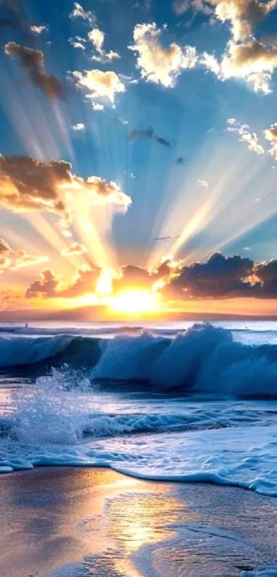 Ocean sunrise with waves and sunlit clouds glowing.