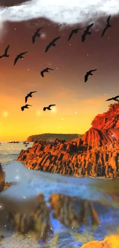 A sunset beach with rocks and flying birds in a vibrant sky.