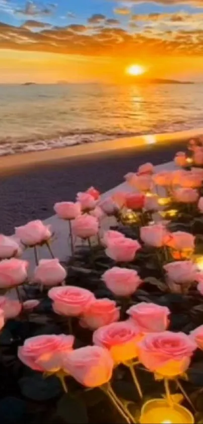 Beautiful sunset beach with pink roses and glowing orange sky.