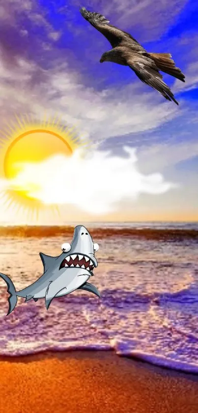 Cartoon shark and bird above ocean sunset view.