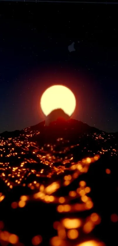 Sunset behind a glowing mountain silhouette with vibrant orange light.