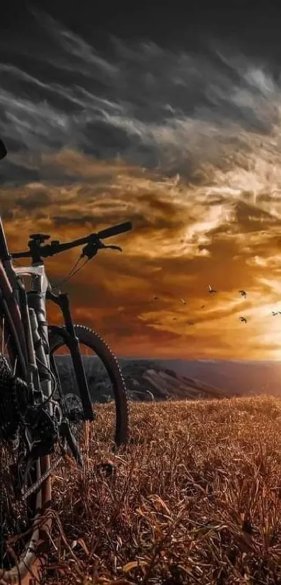 Bicycle on a scenic trail at sunset with a golden sky.