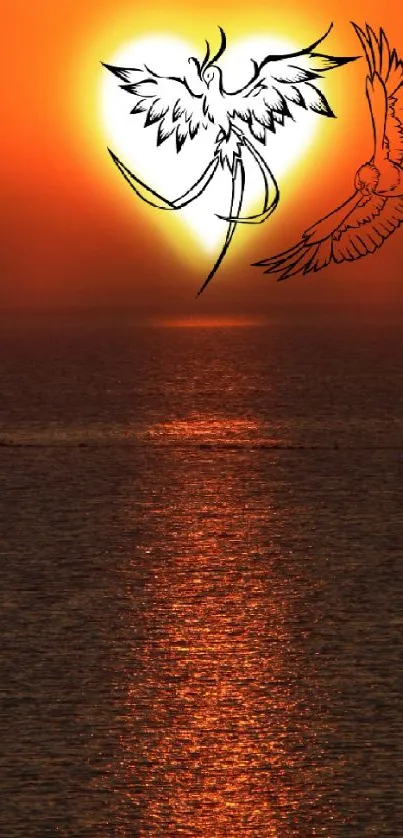 Artistic bird silhouettes against a vivid sunset over an ocean.