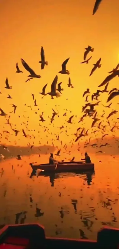 Vibrant sunset with birds flying over a tranquil lake.