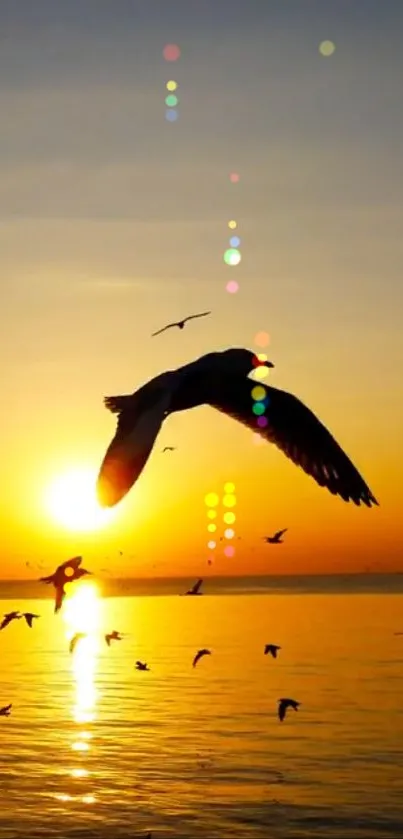 Birds flying over ocean at sunset with colorful sky.