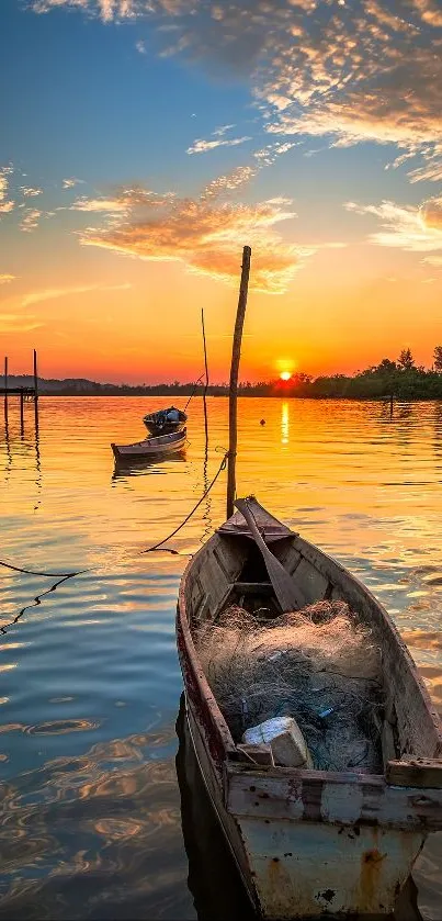 Sunset over calm lake with a boat reflecting vivid orange hues.