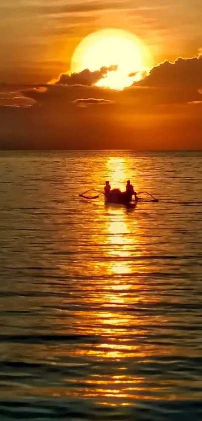 Serene sunset with silhouetted boat on calm ocean waves.