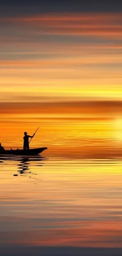 Tranquil sunset over water with silhouetted boat scene.