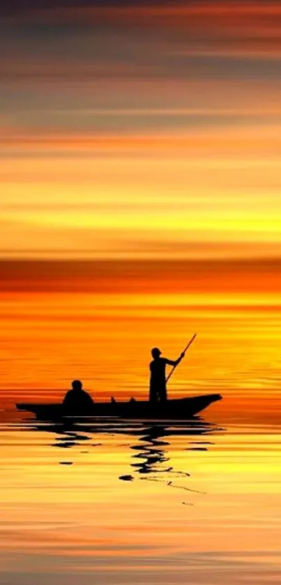 Silhouette of a boat at sunset with orange sky and water.