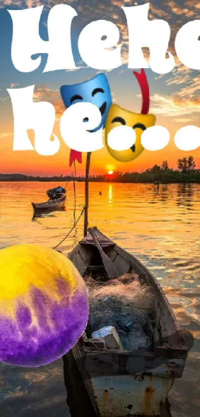 A boat on a serene lake with a sunset and playful emojis.