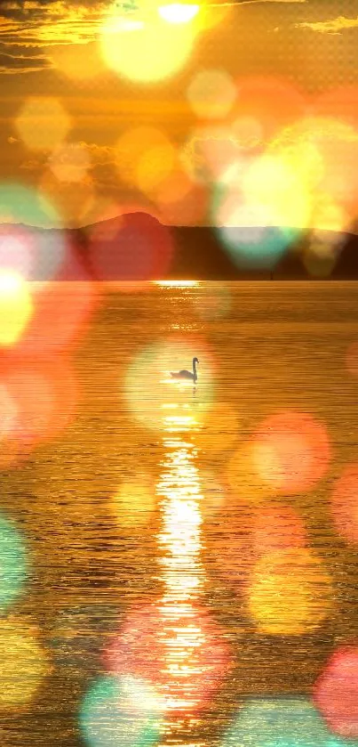 Serene sunset glow with colorful bokeh on water.