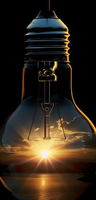 Sunset illusion in a light bulb artwork.