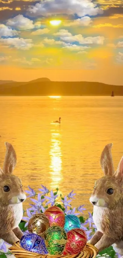 Bunnies with Easter eggs by golden sunset lake.