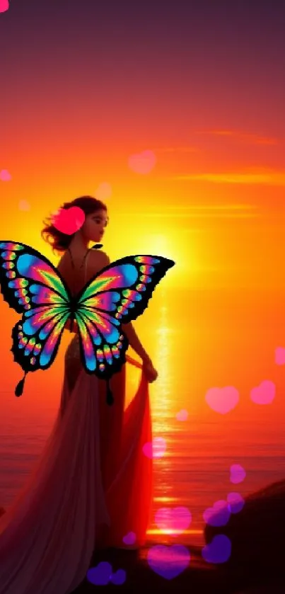 Woman with butterfly wings at sunset by the sea.